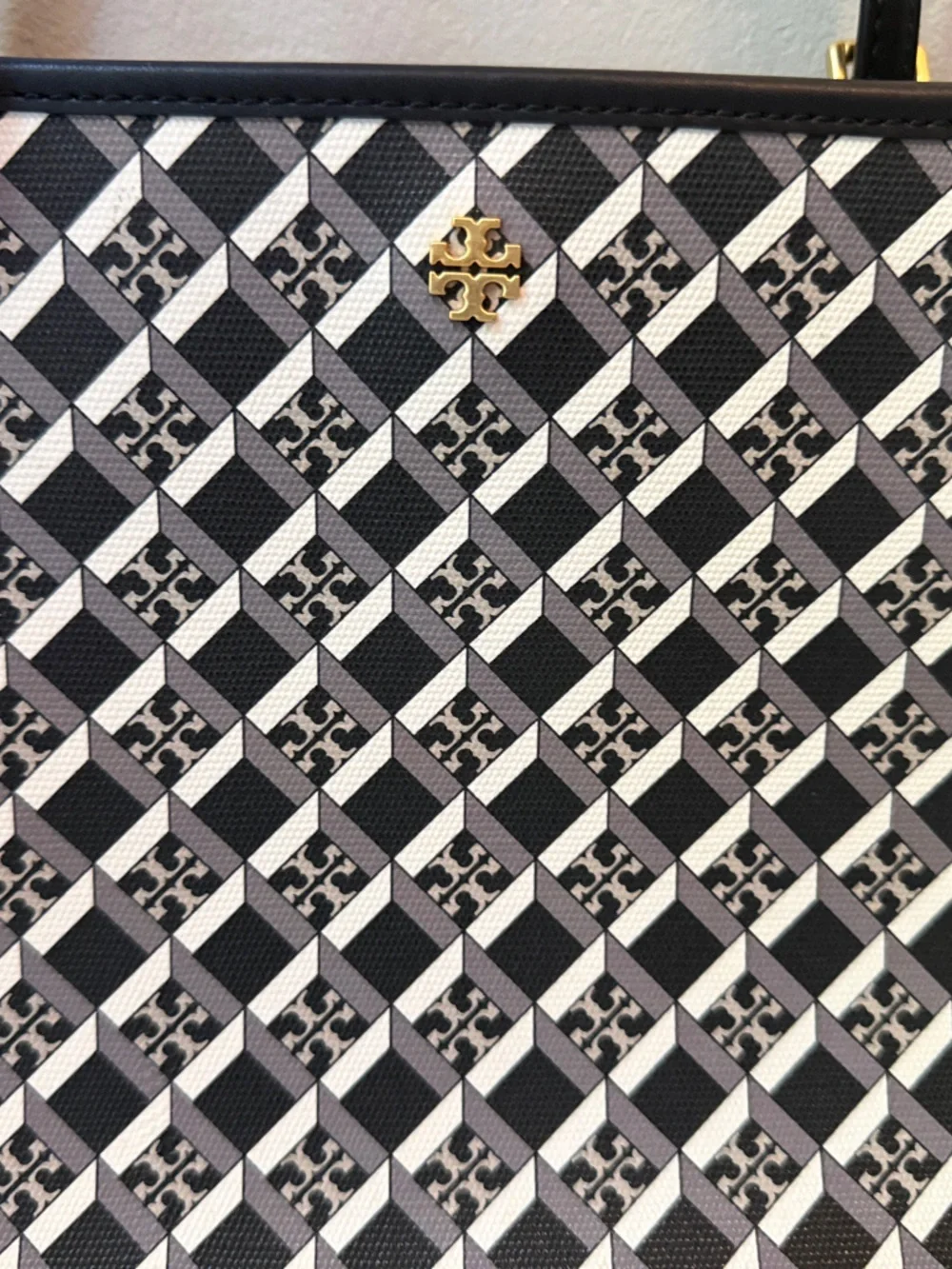 Tory Burch Black and Cream Logo Pattern Tote